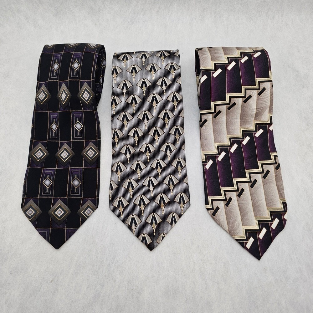 VTG Lot of 3 Art Deco Mens Neck Tie 100% Silk 57x3.75 Purple/Blue/Gold